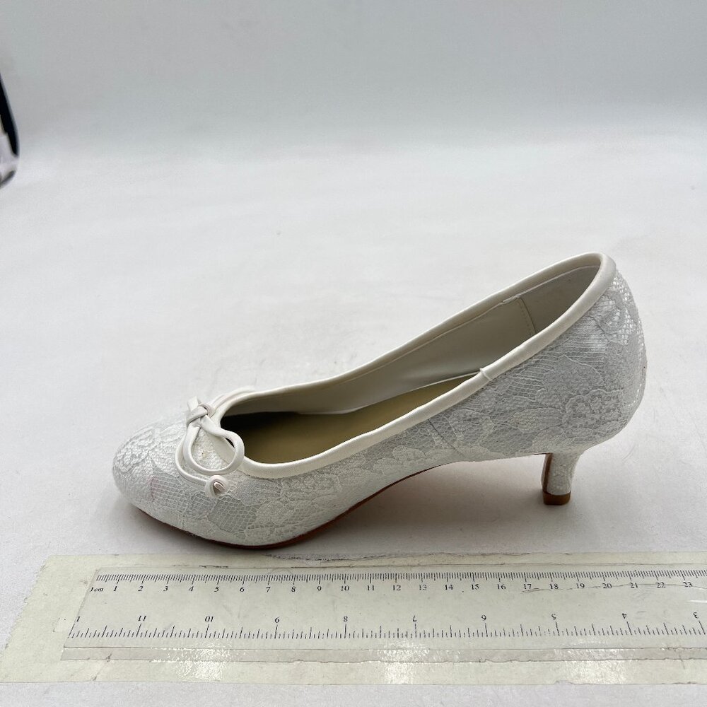 FSJ White Bow Pointed Toe Kitten Heel Pumps Floral Lace Mesh Slip On Bridal Shoe